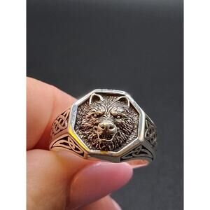 Men's Wolf Ring, Size 11.75, 925 Sterling Silver, Celtic Pattern, 27.4 Grams,